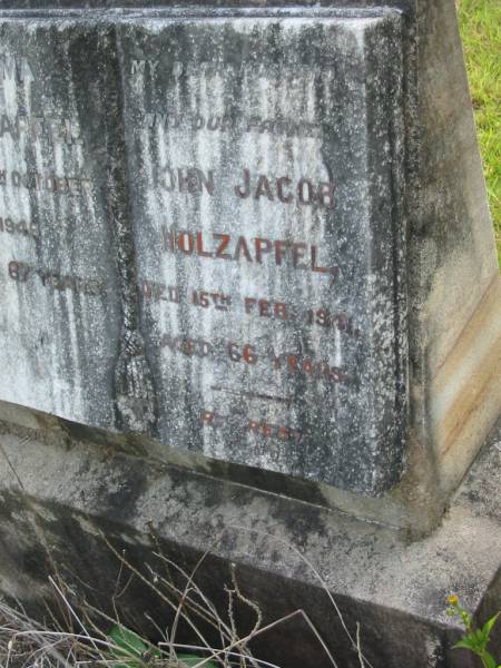 Emma HOLZAPFEL  | 16 Oct 1949, aged 67  | John Jacob HOLZAPFEL  | 15 Feb 1941, aged 66  | Mt Cotton / Gramzow / Cornubia / Carbrook Lutheran Cemetery, Logan City  |   | 