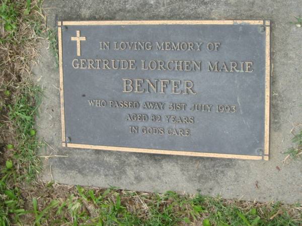 Gertrude Lorchen Marie BENFER  | 31 Jul 1993, aged 82  | Mt Cotton / Gramzow / Cornubia / Carbrook Lutheran Cemetery, Logan City  |   | 