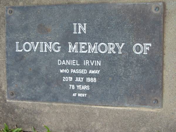 Daniel IRVIN  | 20 Jul 1988, aged 78  | Mt Cotton / Gramzow / Cornubia / Carbrook Lutheran Cemetery, Logan City  |   | 