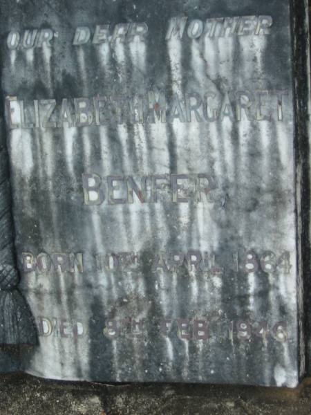 Johann Franz BENFER  | b: 28 Oct 1857, d: 17 Feb 1954  | Elizabeth Margaret BENFER  | b: 10 Apr 1864, d: 8 Feb 1946  | Mt Cotton / Gramzow / Cornubia / Carbrook Lutheran Cemetery, Logan City  |   | 