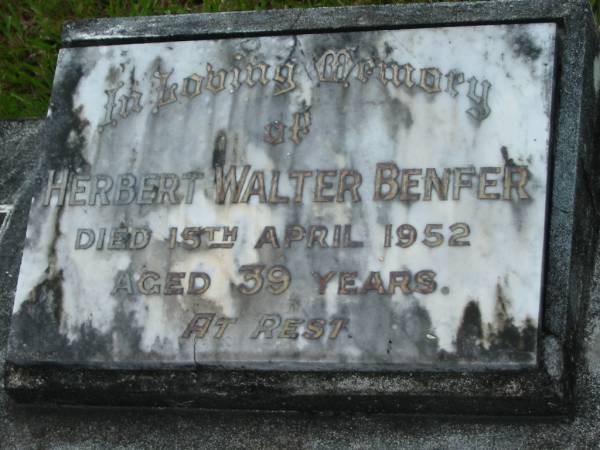 Herbert Walter BENFER  | 15 Apr 1952, aged 39  | Mt Cotton / Gramzow / Cornubia / Carbrook Lutheran Cemetery, Logan City  |   | 