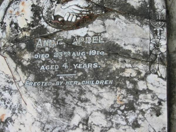 Annie APPEL  | 23 Aug 1916, aged 41  | Mt Cotton / Gramzow / Cornubia / Carbrook Lutheran Cemetery, Logan City  |   | 