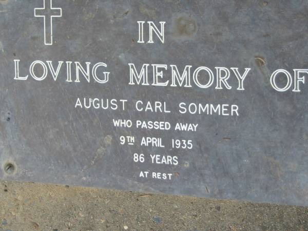 August Carl SOMMER  | 9 Apr 1935, aged 86  | Mt Cotton / Gramzow / Cornubia / Carbrook Lutheran Cemetery, Logan City  |   | 