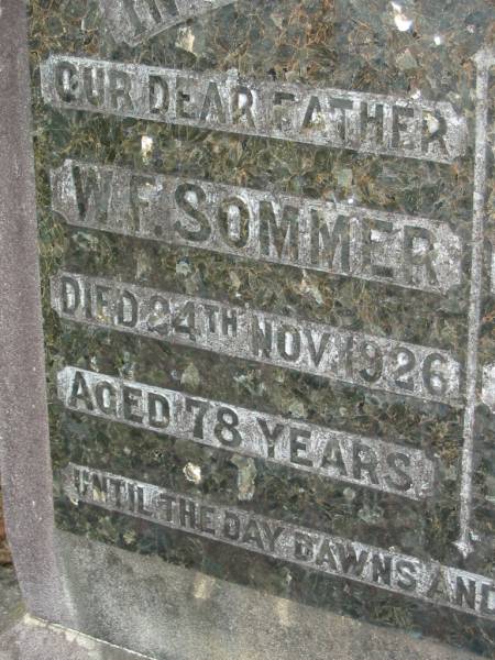 W F SOMMER  | 24 Nov 1926, aged 78  | A F C SOMMER  | 16 Jan 1926, aged 73  | Mt Cotton / Gramzow / Cornubia / Carbrook Lutheran Cemetery, Logan City  |   | 