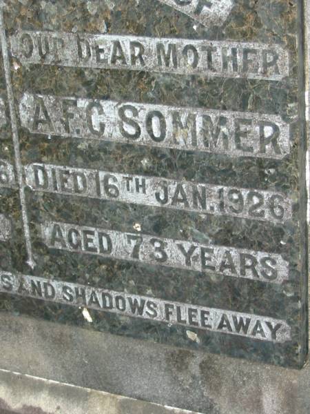 W F SOMMER  | 24 Nov 1926, aged 78  | A F C SOMMER  | 16 Jan 1926, aged 73  | Mt Cotton / Gramzow / Cornubia / Carbrook Lutheran Cemetery, Logan City  |   | 