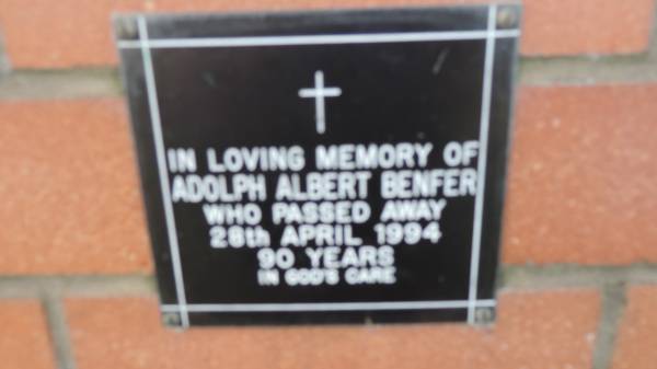 Adolf Albert Benfer  | d: 28 Apr 1994, aged 90  | Mount Cotton St Pauls Lutheran Columbarium wall  |   | 
