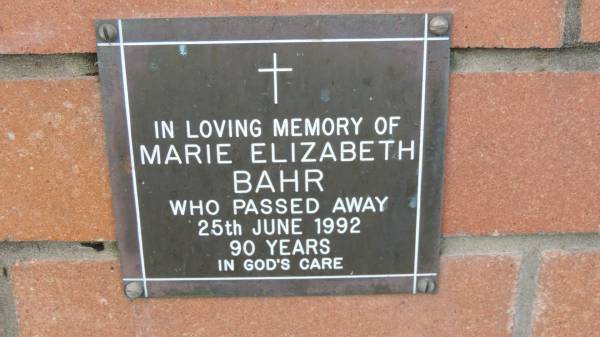 Marie Elizabeth Bahr  | d: 25 Jun 1992 aged 90  |   | Mount Cotton St Pauls Lutheran Columbarium wall  |   | 