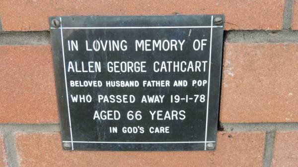 Allen George Cathcart  | d: 19 Jan 78, aged 66  |   | Mount Cotton St Pauls Lutheran Columbarium wall  |   | 