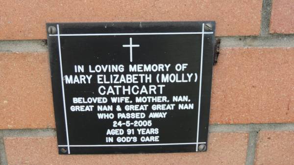 Mary Elizabeth (Holly) Cathcart  | d: 24 May 2005, aged 91  |   | Mount Cotton St Pauls Lutheran Columbarium wall  |   | 