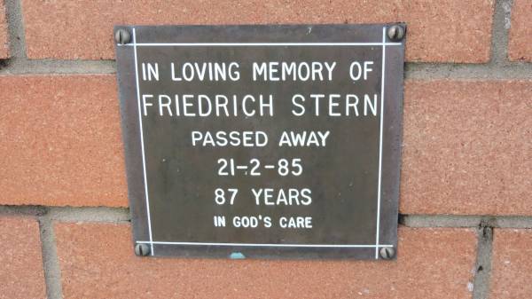 Friedrich Stern  | d: 21 Feb 1985, aged 87  |   | Mount Cotton St Pauls Lutheran Columbarium wall  |   | 