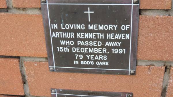 Arthur Kenneth Heaven  | d: 15 Dec 1991, aged 79  |   | Mount Cotton St Pauls Lutheran Columbarium wall  |   | 