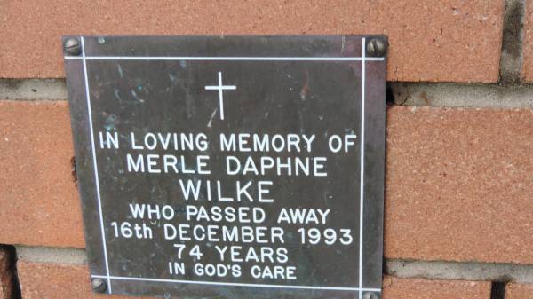 Merle Daphne Wilke  | d: 16 Dec 1993, aged 74  | Mount Cotton St Pauls Lutheran Columbarium wall  |   | 