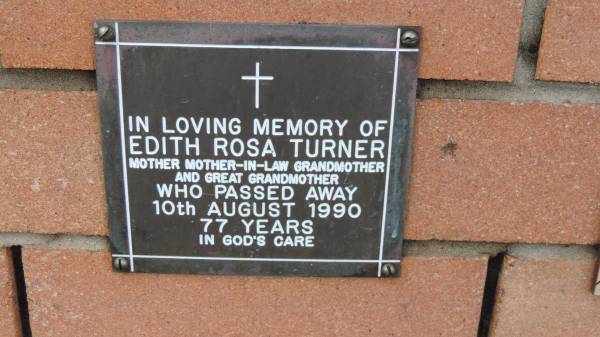 Edith Rosa Turner  | d: 10 Aug 1990, aged 77  |   | Mount Cotton St Pauls Lutheran Columbarium wall  |   | 