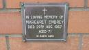 Margaret Embrey d: 29 Aug 1967, aged 71  Mount Cotton St Pauls Lutheran Columbarium wall  