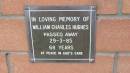 
William Charles Hughes
d: 29 Mar 1985, aged 68

Mount Cotton St Pauls Lutheran Columbarium wall 

