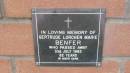 
Gertrude Lorchen Marie Benfer
d: 31 Jul 1993 aged 82

Mount Cotton St Pauls Lutheran Columbarium wall 

