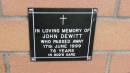 
John DeWitt
d: 17 Jun 1999, aged 76

Mount Cotton St Pauls Lutheran Columbarium wall 

