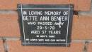 
Bette Ann Benfer
d: 29 Mar 1978, aged 37

Mount Cotton St Pauls Lutheran Columbarium wall 

