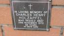 
Charles Henry Holzapfel
d: 29 Nov 1970, aged 86

Mount Cotton St Pauls Lutheran Columbarium wall 

