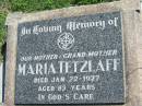 Maria TETZLAFF 22 Jan 1977, aged 83 Mount Beppo Apostolic Church Cemetery 