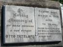 
Otto TETZLAFF
16 Mar 1962, aged 70

George Otto TETZLAFF
b: 16 Aug 1919, d: 19 Jul 2000

Mount Beppo Apostolic Church Cemetery
