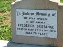 
Frederick BRIESCHKE
25 Sep 1970, aged 78
Mount Beppo Apostolic Church Cemetery
