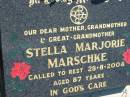 
Stella Marjorie MARSCHKE
28 Aug 2004, aged 87
Mount Beppo Apostolic Church Cemetery

