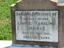 
Louise Karaline GREINKE
1 Nov 1951, aged 80
Mount Beppo Apostolic Church Cemetery
