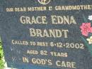 Grace Edna BRANDT 6 Dec 2002, aged 82 Mount Beppo Apostolic Church Cemetery 
