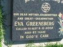 Eva GREENEBERG 5 Jun 2002, aged 87 Mount Beppo Apostolic Church Cemetery 