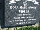 
Dora Maud (Doris) VIDLER
b: 28 Feb 1911, d: 3 Jun 2002
Mount Beppo Apostolic Church Cemetery
