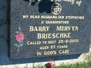 
Barry Mervyn BRIESCHKE
d: 25 Sep 2001, aged 57
Mount Beppo Apostolic Church Cemetery
