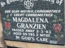 
Magdalena GRANZIEN
2 Mar 93, aged 99 years 2 months
Mount Beppo Apostolic Church Cemetery
