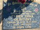
Esther Emma OLBITZKY
16 Jun 1992, aged 76
Mount Beppo Apostolic Church Cemetery
