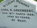 
Karl E GREENBERG
18 Mar 1928, aged 52
Mount Beppo Apostolic Church Cemetery
