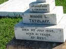 
Minnie L TETZLAFF
3 Jul 1935, aged 41
Mount Beppo Apostolic Church Cemetery
