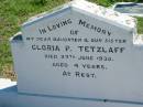 
Gloria P TETZLAFF
27 Jun 1930, aged 4 years
Mount Beppo Apostolic Church Cemetery
