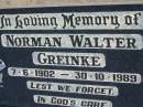 Norman Walter GREINKE b: 7 Jun 1902, d: 30 Oct 1989 Mount Beppo Apostolic Church Cemetery 