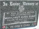 Margaret Alice GUMZ 6 Aug 1982, aged 54 Mount Beppo Apostolic Church Cemetery 