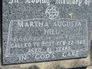 
Martha Augusta HILL
(wife of John Reginald)
22 Feb 1982, aged 81
Mount Beppo Apostolic Church Cemetery
