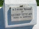 
Esther TETZLAFF
aged 13 months
Mount Beppo Apostolic Church Cemetery
