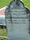 F W MARSCHKE b: 8 Jan 1844, d: 30 Nov 1908 Albertiena MARSCHKE b: 16 Apr 1845 d: 25 Jan 1933 Mount Beppo Apostolic Church Cemetery 
