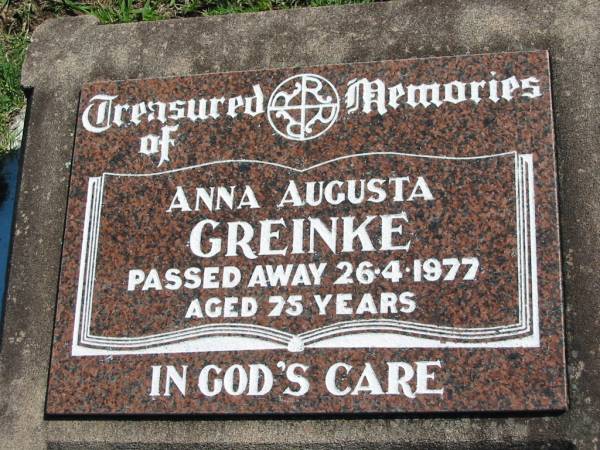 Anna Augusta GREINKE  | 26 Apr 1977, aged 75  | Mount Beppo Apostolic Church Cemetery  | 