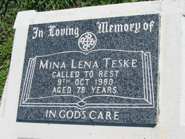 Mina Lena TESKE  | 9 Oct 1980, aged 78  | Mount Beppo Apostolic Church Cemetery  | 