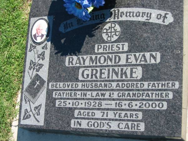 (priest) Raymond Evan GREINKE  | b: 25 Oct 1928, d: 16 Jun 2000, aged 71  | Mount Beppo Apostolic Church Cemetery  | 