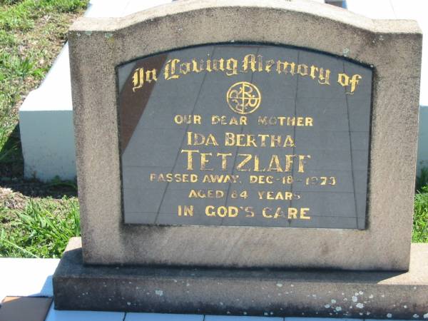 Ida Bertha TETZLAFF  | 18 Dec 1973, aged 84  | Mount Beppo Apostolic Church Cemetery  | 