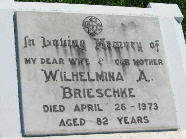Wilhelmina A BRIESCHKE  | 26 Apr 1973, aged 82  | Mount Beppo Apostolic Church Cemetery  | 
