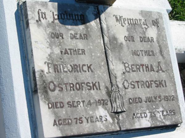 Friedrick OSTROFSKI  | 4 Sep 1972, aged 75  |   | Bertha A OSTROFSKI  | 5 Jul 1972, aged 75  |   | Mount Beppo Apostolic Church Cemetery  | 