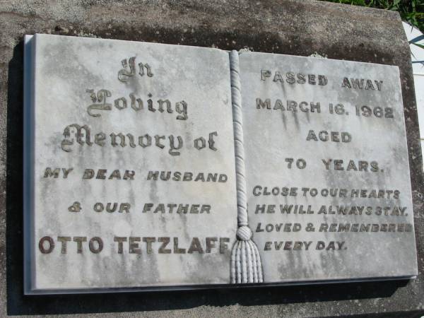 Otto TETZLAFF  | 16 Mar 1962, aged 70  |   | George Otto TETZLAFF  | b: 16 Aug 1919, d: 19 Jul 2000  |   | Mount Beppo Apostolic Church Cemetery  | 