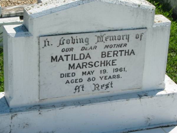 Matilda Bertha MARSCHKE  | 19 May 1961, aged 80  | Mount Beppo Apostolic Church Cemetery  | 